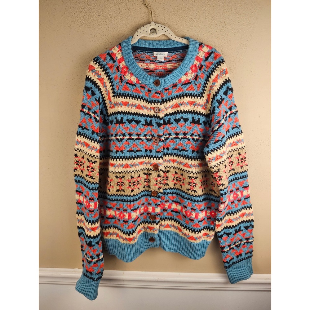 Sundance Folk Tale Blue Multi Fair Isle Nordic Bohemian Cardigan Sweater Medium